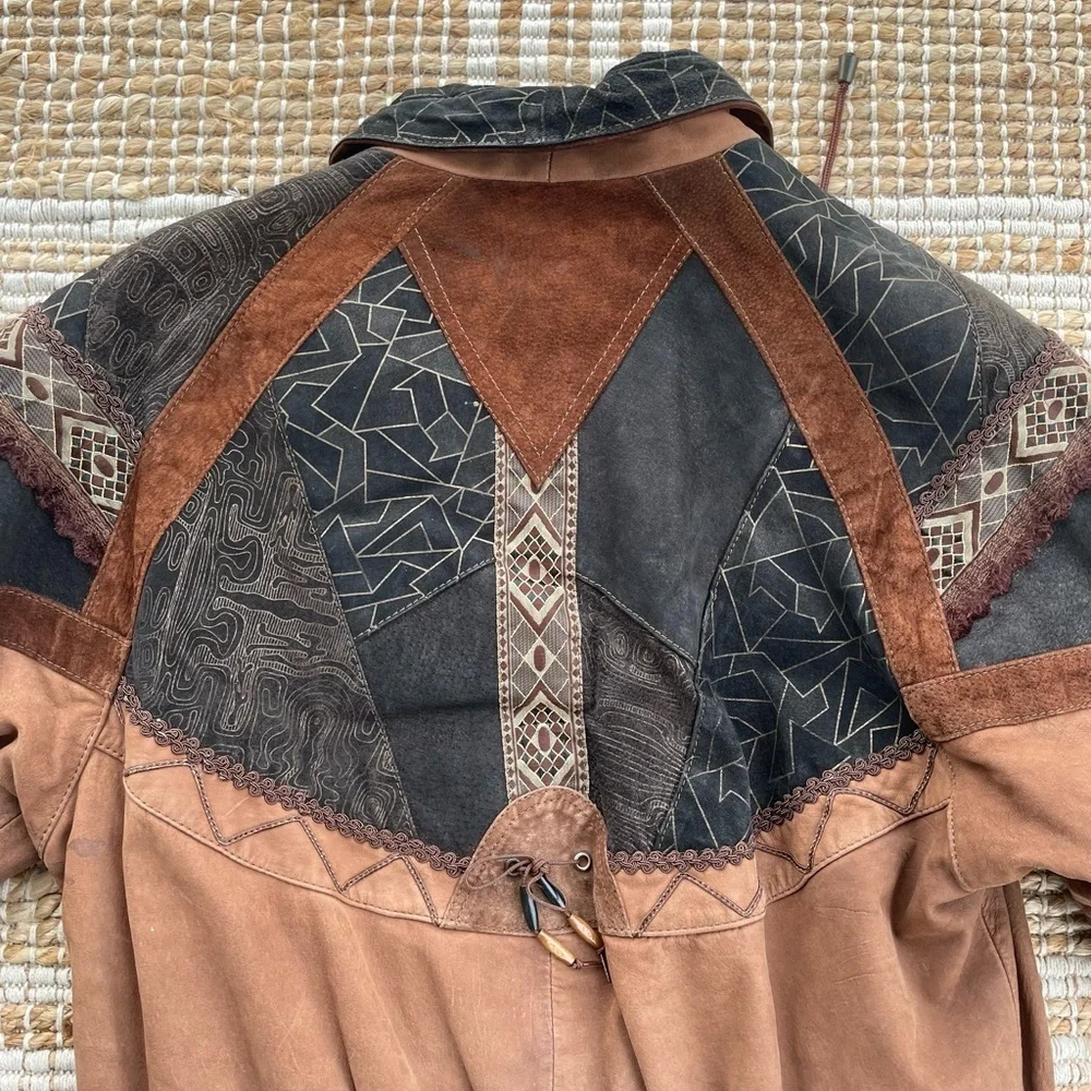 Vintage Winlit Leather Jacket Boho Patchwork Western Distressed Brown 90s - Picture 2 of 14